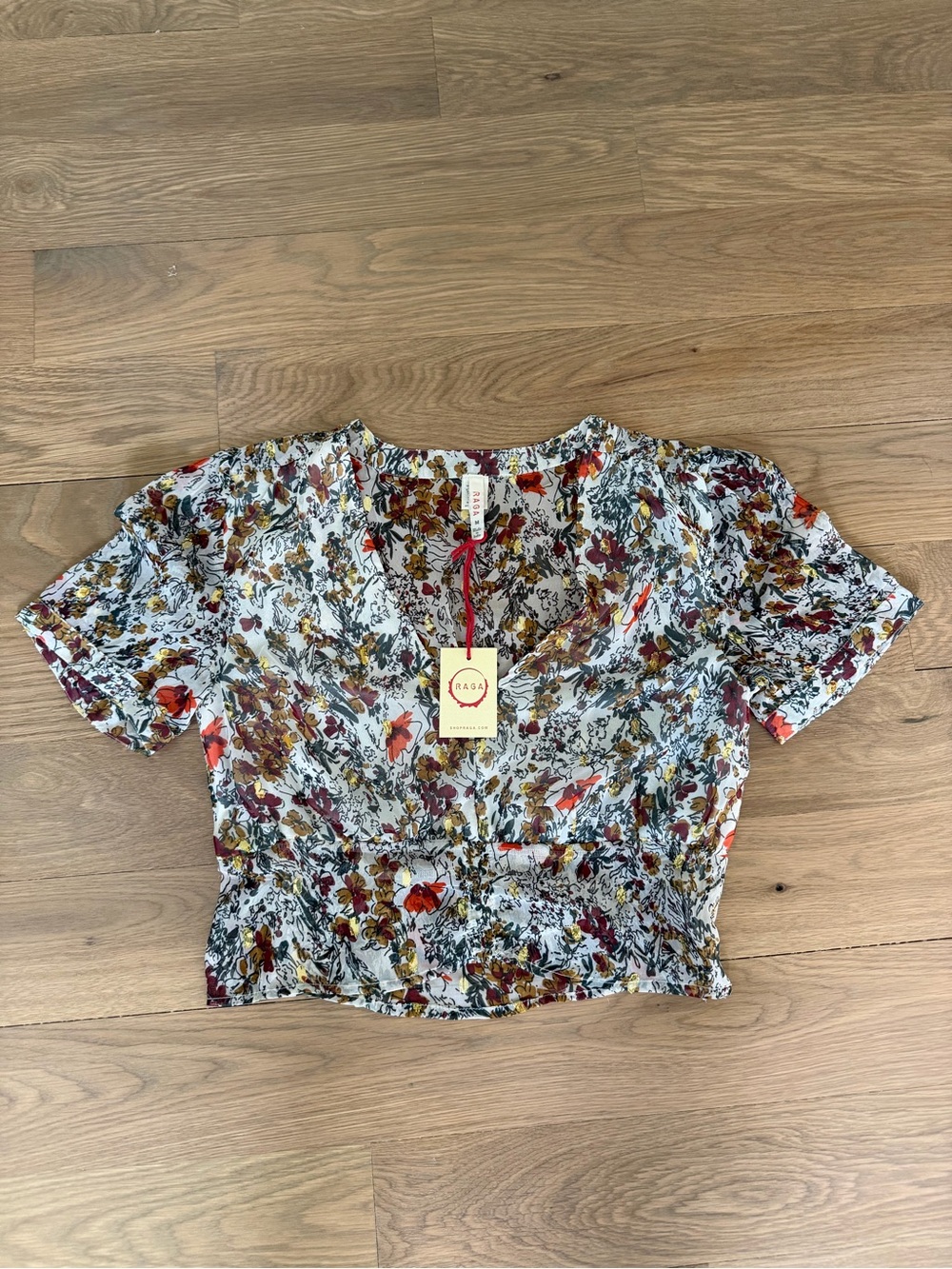 RAGA Floral V-Neck Cropped Top in Cream, Red, Brown